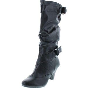 New Mid-Calf Boots Slouchy Low Heel Side Zipper Black Booties for Women